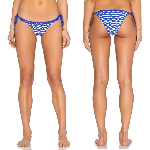 SEAFOLLY Tidal Wave side tie striped swim bikini bottoms in blue wave Size 2 NEW - Picture 2 of 5